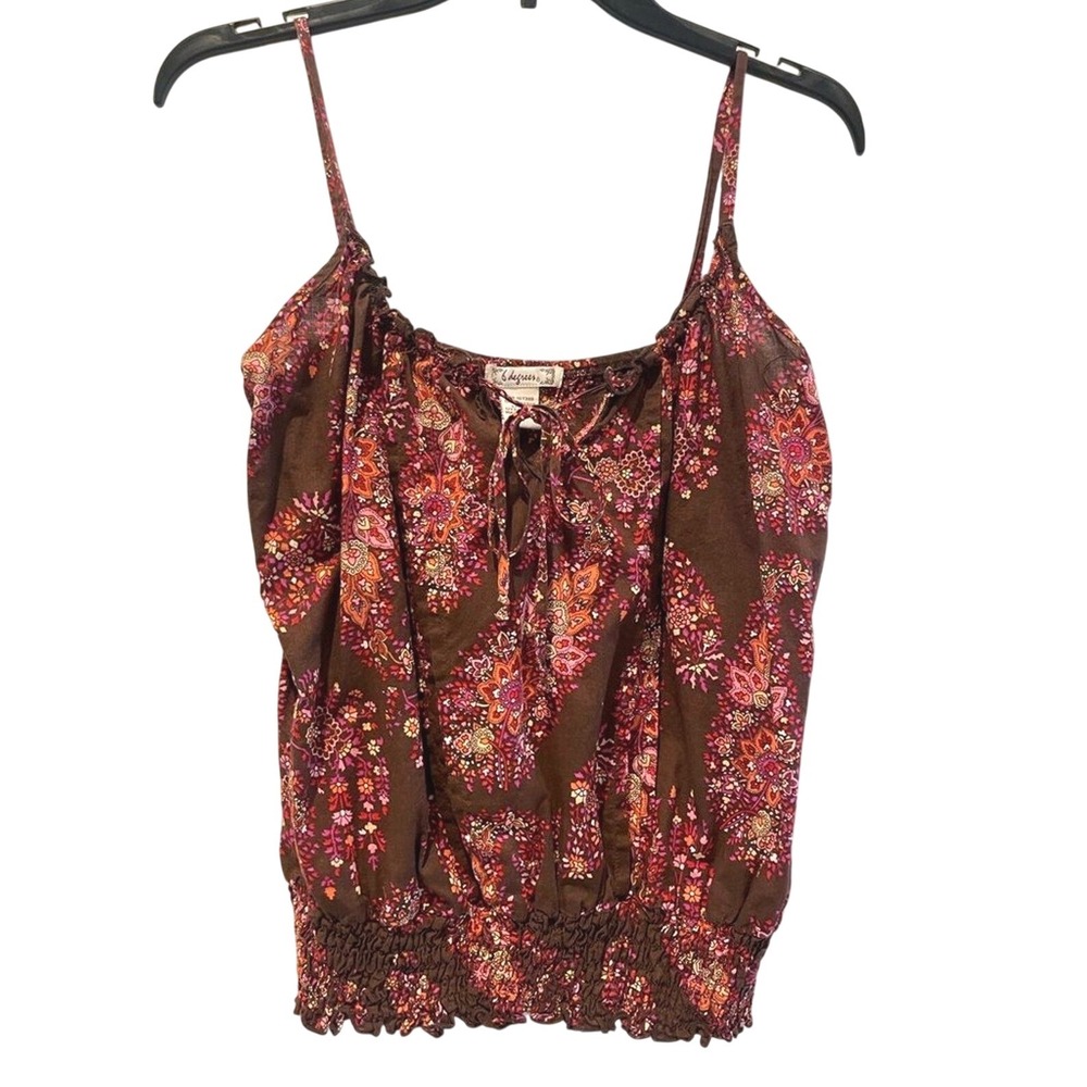 6 Degrees Cami Top Brown Boho Paisley Floral Smocked Hem Womens Size L
